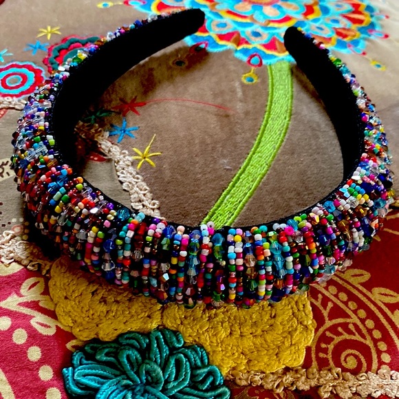 Vintage Gorgeous Sparkling Beads Suede Black Lining Headband Never Used - Picture 16 of 16